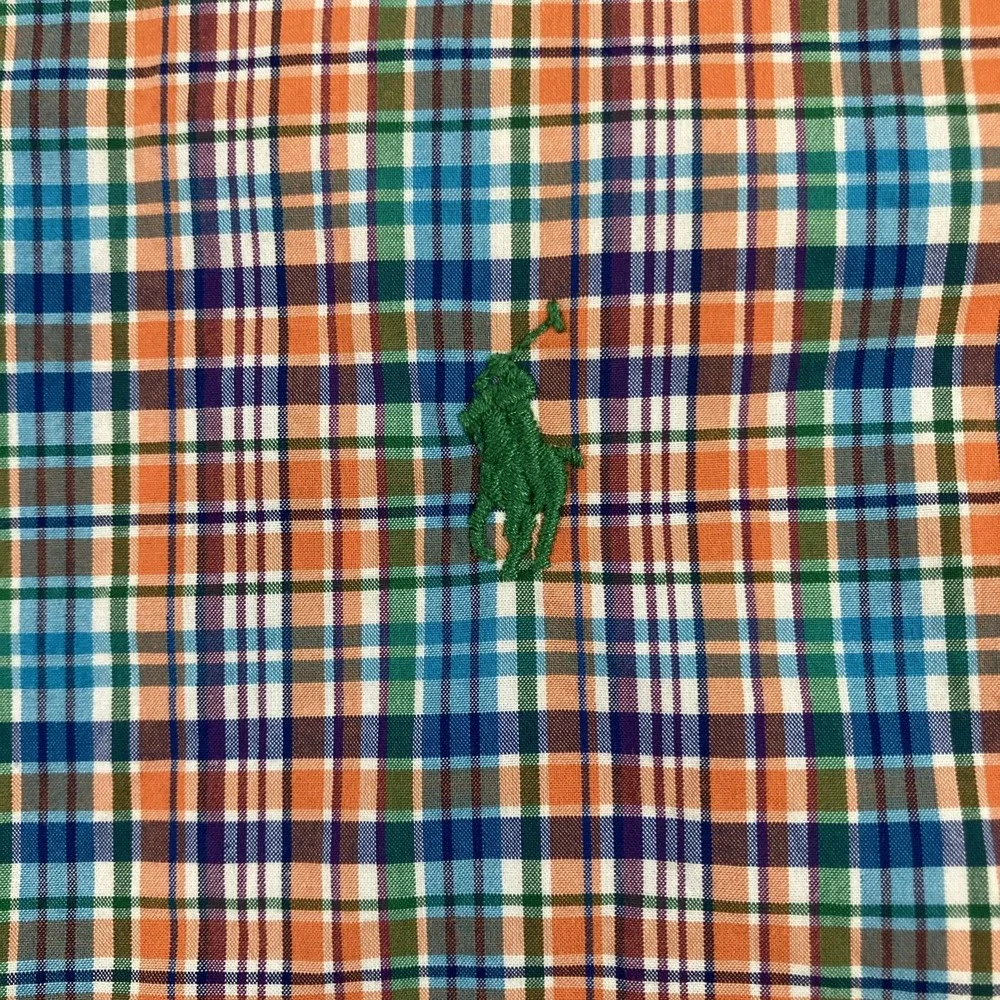 Polo Ralph Lauren Shirt Mens L Orange Blue Plaid Button Down Cotton Stretch Pony